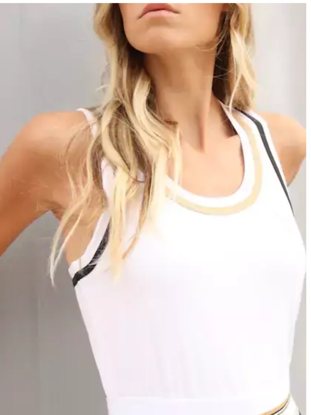 Vieux Jeu Women’s White Athletic Tank Top with Tan & Black Trim | S
